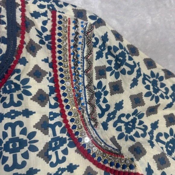 Sheryl Crow Womens Embellished Bohemian Beaded‎ Jacket M Blue Red Geometric Boho - Picture 3 of 11